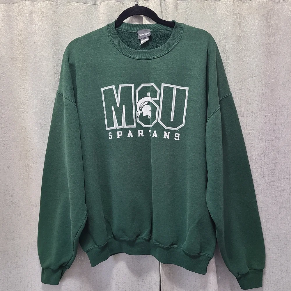 Vtg Pro Edge Green MSU SPARTANS Crewneck Sweater‎ XL - Picture 6 of 7